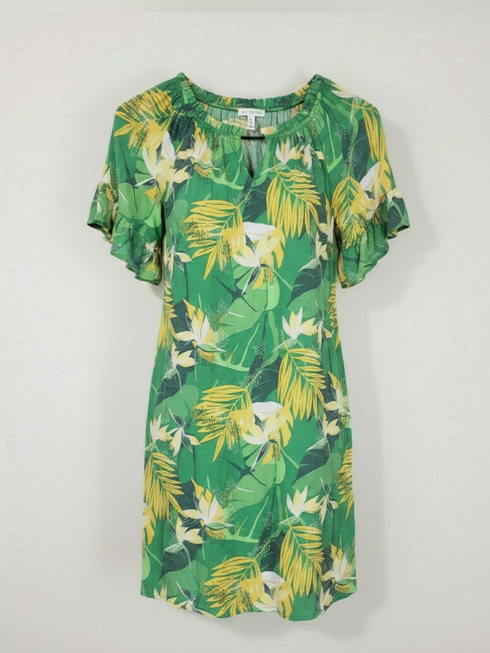 Naif Green Tropical Print Peasant Tunic Dress